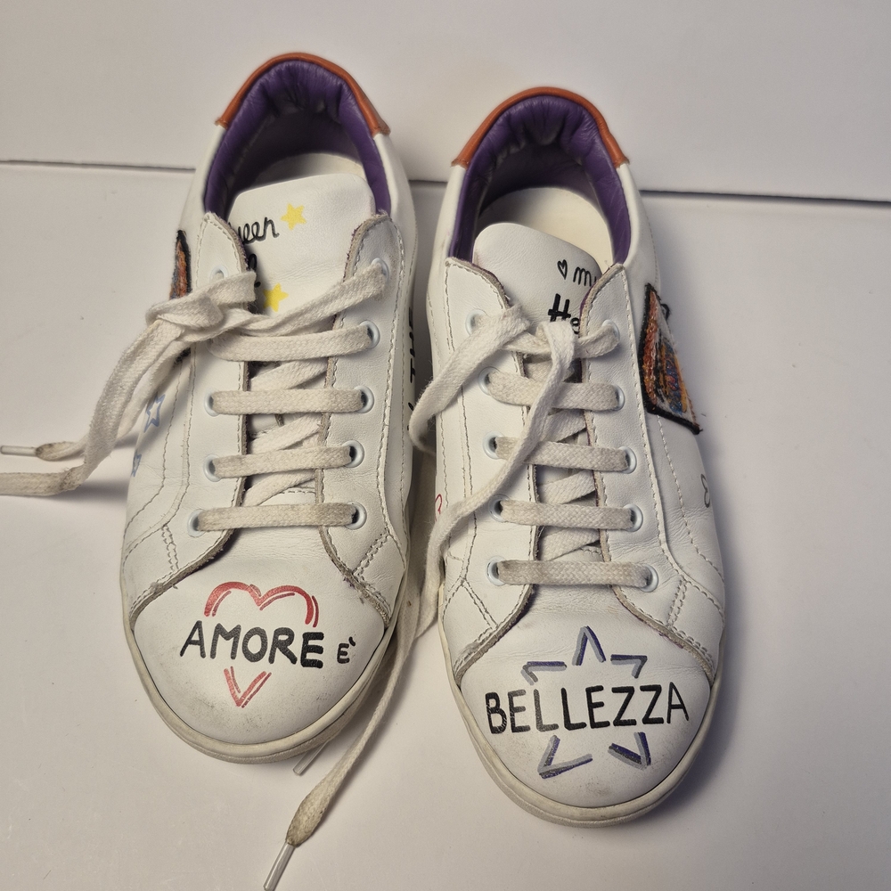 Dolce And Gabbana Authentic Preloved Kids White Sneakers with Grafitti Accents